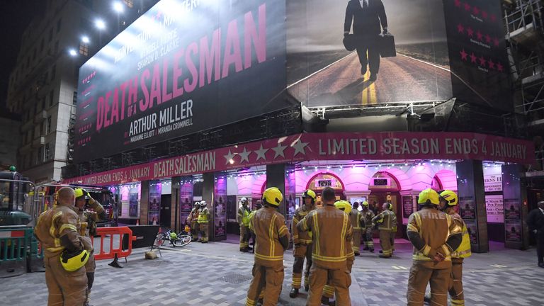 Firefighters outside the Piccadilly Theatre, London, after it was evacuated when part of its ceiling crashed down into the auditorium during a performance of Death of a Salesman. PA Photo. Issue date: Wednesday November 6, 2019. The Metropolitan Police said a "few" people had suffered minor injuries and that emergency services remained on scene. See PA story ACCIDENT Theatre. Photo credit should read: Kirsty O&#39;Connor/PA Wire