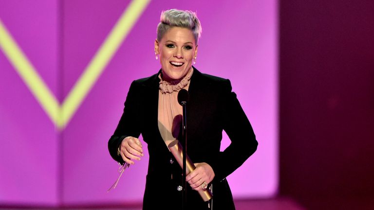 Pink accepts People&#39;s Champion of 2019 award on stage during the 2019 E! People&#39;s Choice Awards held at the Barker Hangar on November 10, 2019. Pic: E! Entertainment