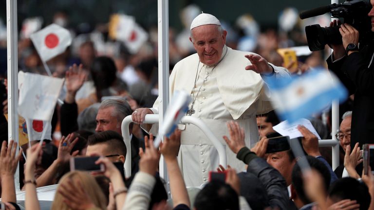 Pope Francis greets wellwishers during a Holy Mass in Nagasaki