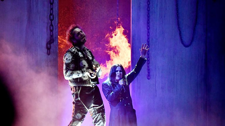 Ozzy Osbourne performer with Post Malone and Travis Scott at the American Music Awards