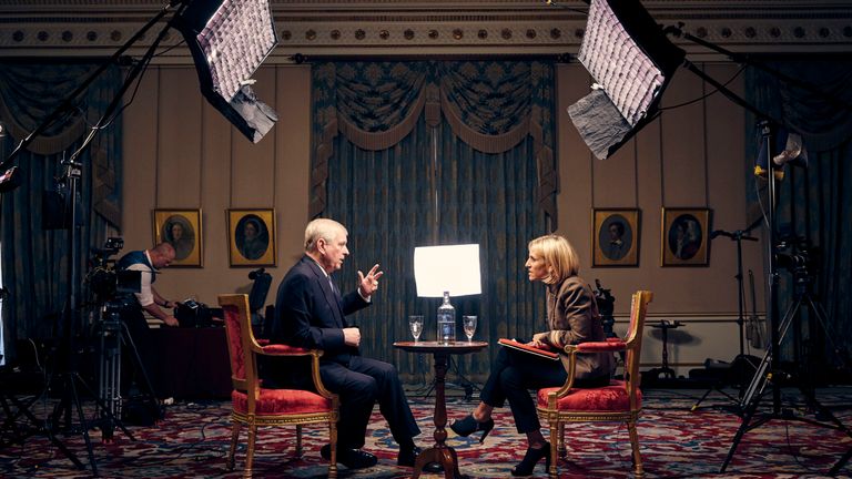 Duke of York speaking about his links to Jeffrey Epstein in an interview with BBC Newsnight&#39;s Emily Maitlis