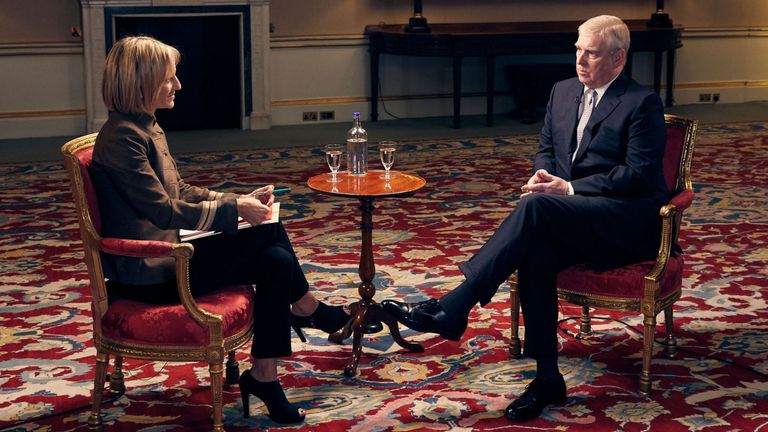Duke of York speaking about his links to Jeffrey Epstein in an interview with BBC Newsnight&#39;s Emily Maitlis
