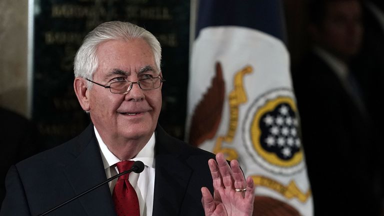 State Rex Tillerson waves during his farewell remarks to State Department staff