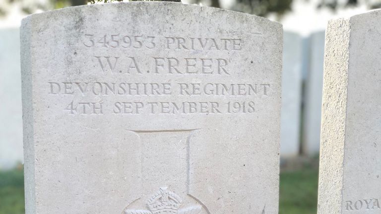 The grave of Ron Freer's father, who died in the First World War, is in France 