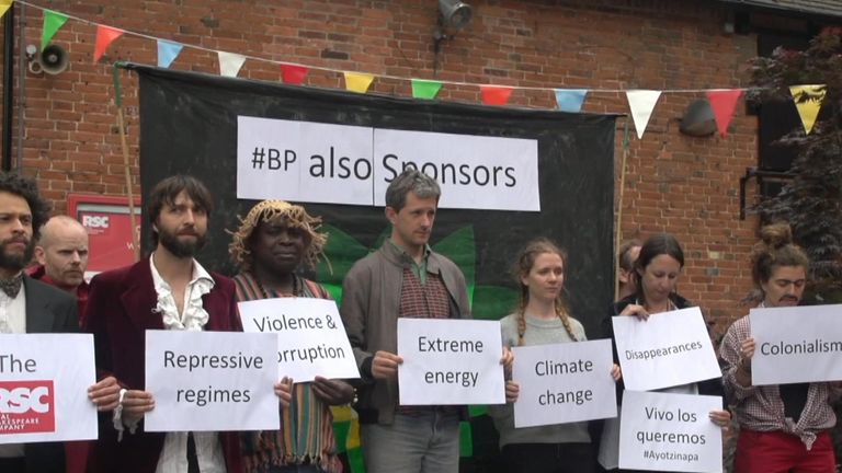 Protesters demonstrating against BP&#39;s sponsorship of the RSC