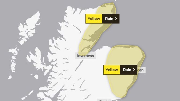 Persistent and occasionally heavy rain is also forecast for northeastern Scotland, Pic: Met Office