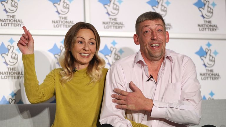 Self-employed builder Steve Thomson, 42, and his wife Lenka Thomson, 41, from Selsey, West Sussex, celebrate their £105 million EuroMillions win at the Hilton Avisford Park, Walberton, West Sussex. PA Photo. Picture date: Tuesday November 26, 2019. Steve and Lenka, who is originally from Slovakia, have three children aged 8 to 15, and have won the 9th largest jackpot ever in the UK. See PA story LOTTERY EuroMillions. Photo credit should read: Andrew Matthews/PA Wire