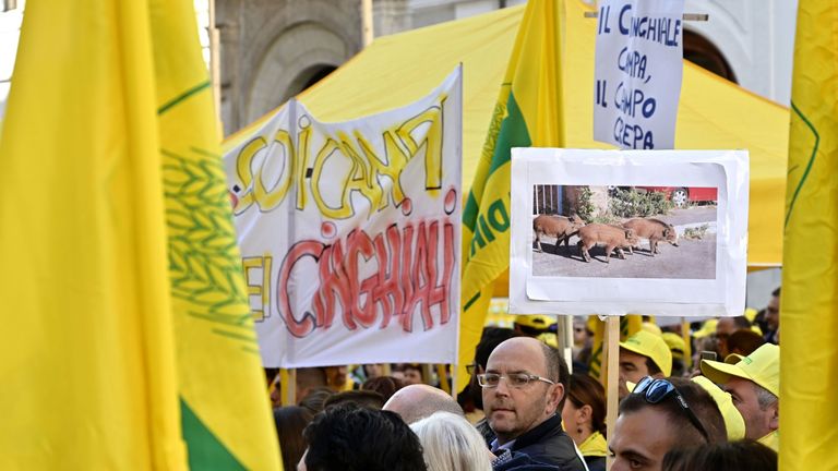 Farmers gather during a protest against invasive wild boars