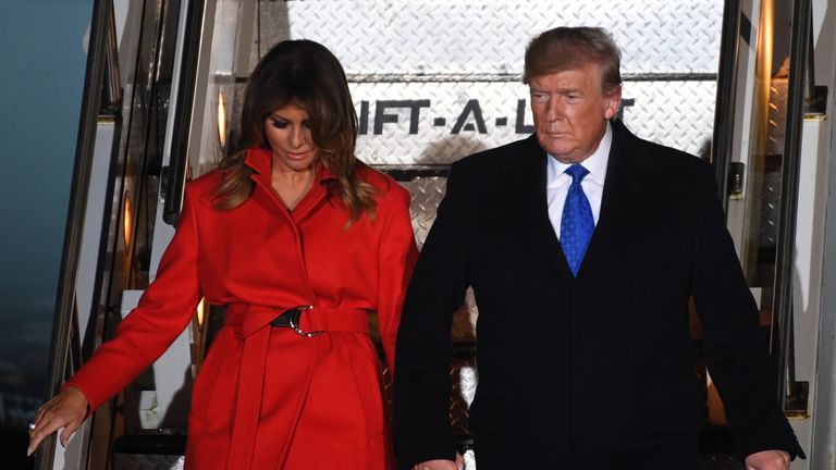 STANSTED, ESSEX - DECEMBER 02: U.S. President Donald Trump and First lady Melania Trump arrive at Stansted Airport on December 2, 2019 in Stansted, Essex. President Trump is attending the NATO Leaders Summit which begins tomorrow at The Grove Hotel, Hertfordshire, marking the 70th anniversary of the organisation.  (Photo by Chris J Ratcliffe/Getty Images)