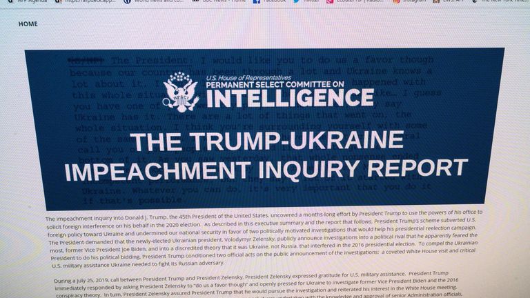 This photo of a computer screen shows a copy of the Permanent Select Committee on Intelligence Report of The Trump-Ukraine Impeachment Inquiry Report on December 3, 2019 in Washington,DC. - The evidence for impeaching President Donald Trump for misconduct in office and obstruction is "overwhelming," the final report on the House investigation into the US leader said December 3, 2019. "The evidence of the President&#39;s misconduct is overwhelming, and so too is the evidence of his obstruction of Congress," said the report, meant to support formal charges against Trump. (Photo by Eric BARADAT / AFP) (Photo by ERIC BARADAT/AFP via Getty Images)