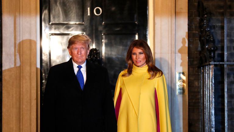 LONDON, UNITED KINGDOM - DECEMBER 3: U.S. President Donald Trump and his wife First Lady of the United States Melania Trump arrive at 10 Downing Street ahead of a NATO reception hosted by British Prime Minister Boris Johnson on December 3, 2019 in London, England. France and the UK signed the Treaty of Dunkirk in 1947 in the aftermath of WW2 cementing a mutual alliance in the event of an attack by Germany or the Soviet Union. The Benelux countries joined the Treaty and in April 1949 expanded further to include North America and Canada followed by Portugal, Italy, Norway, Denmark and Iceland. This new military alliance became the North Atlantic Treaty Organisation (NATO). The organisation grew with Greece and Turkey becoming members and a re-armed West Germany was permitted in 1955. This encouraged the creation of the Soviet-led Warsaw Pact delineating the two sides of the Cold War. This year marks the 70th anniversary of NATO. (Photo by Alastair Grant-WPAPool/Getty Images)