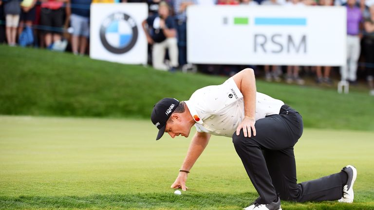 VIRGINIA WATER, ENGLAND - SEPTEMBER 21: Justin Rose of England inspects the positioning of his ball on the 18th green during Day Three of the BMW PGA Championship at Wentworth Golf Club on September 21, 2019 in Virginia Water, United Kingdom. (Photo by Ross Kinnaird/Getty Images)