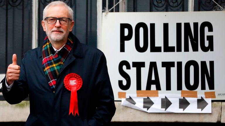 Britain&#39;s main opposition Labour Party leader Jeremy Corbyn poses at a Polling Station, where he arrived to cast his ballot paper and vote, in north London on December 12, 2019, as Britain holds a general election. (Photo by Tolga AKMEN / AFP) (Photo by TOLGA AKMEN/AFP via Getty Images)