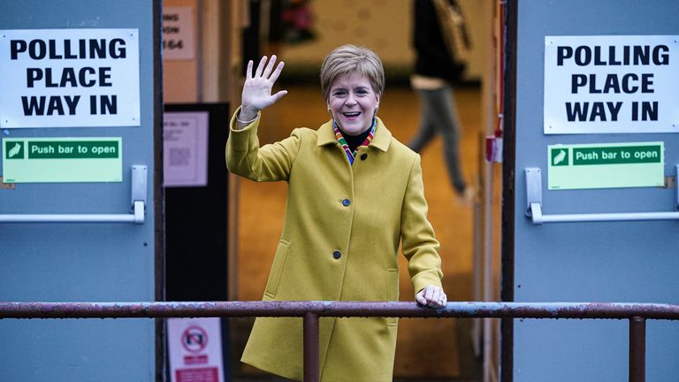 GLASGOW, UNITED KINGDOM - DECEMBER 12: First Minister of Scotland and leader of the SNP Nicola Sturgeon votes at Broomhouse Community Hall in Ballieston on December 2019, in Glasgow, Scotland. The current Conservative Prime Minister Boris Johnson called the first UK winter election for nearly a century in an attempt to gain a working majority to break the parliamentary deadlock over Brexit. The election results from across the country are being counted overnight and an overall result is expected in the early hours of Friday morning. (Photo by Jeff J Mitchell/Getty Images)