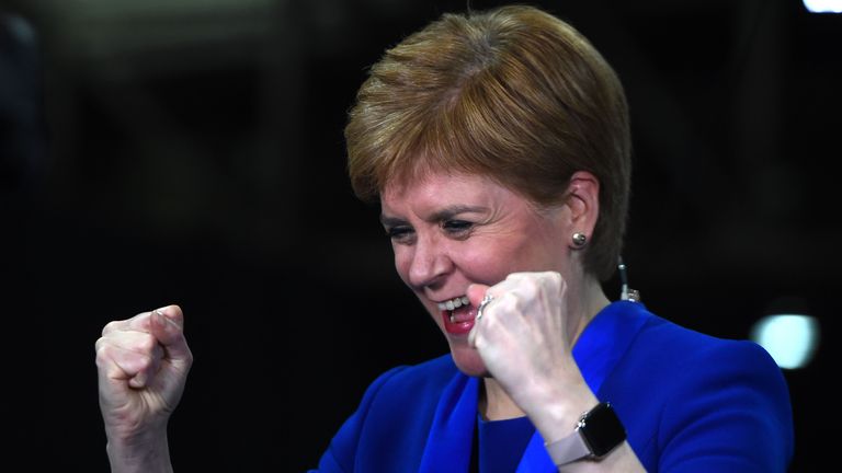 Scottish National Party (SNP) leader and Scotland's First Minister Nicola Sturgeon celebrates as she hears that New Scottish National Party (SNP) MP for Dunbartonshire East, Amy Callaghan has unseated Britain's Liberal Democrat leader Jo Swinson, at the count centre in Glasgow on December 13, 2019 after votes are counted in the UK general election. (Photo by ANDY BUCHANAN / AFP) (Photo by ANDY BUCHANAN/AFP via Getty Images)