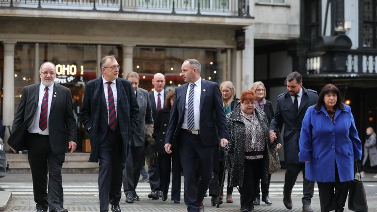 Sarah-Jane Young (centre right), the daughter of Lance Corporal Young, a victim of the Hyde Park bombing, with lawyer, Matt Jury (right), her mother, Judith Jenkins (far right) and Mark Tipper (centre), the brother of Trooper Simon Tipper, and survivor (centre left at the back) Simon Utley, arrive at the High Court in London to hear the ruling in the civil case brought by relatives of the Hyde Park bombing victims against convicted IRA member John Downey.