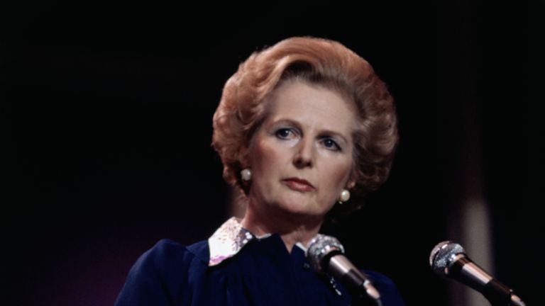 (Original footnote) 1978-London, England- Margaret Thatcher, leader of the British Conservative Party, is on the verge of becoming Britain's first female Prime Minister.  Mrs Thatcher wore a dark blue dress with a white collar, with a dark background.