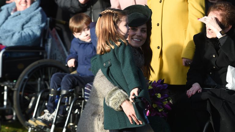 The Duchess of Cambridge and Princess Charlotte meet well wishers after attending the Christmas Day morning church service at St Mary Magdalene Church in Sandringham, Norfolk.