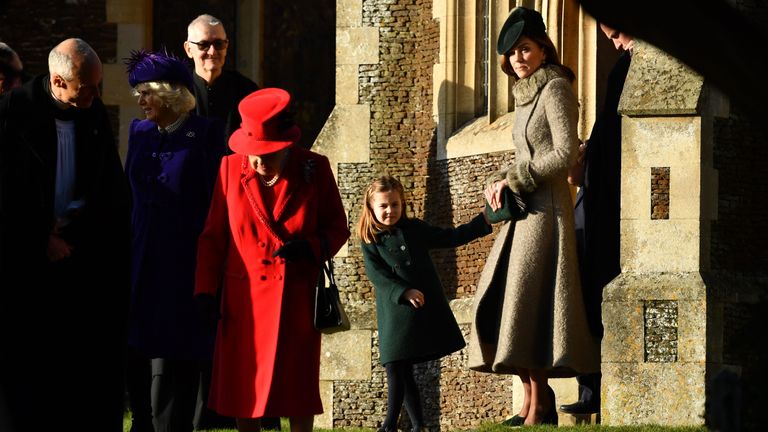 (L-R) Britain's Queen Elizabeth II, Britain's Princess Charlotte of Cambridge and Britain's Catherine, Duchess of Cambridge leave after the Royal Family's traditional Christmas Day service at St Mary Magdalene Church in Sandringham, Norfolk, eastern England, on December 25, 2019. (Photo by Ben STANSALL / AFP) (Photo by BEN STANSALL/AFP via Getty Images)