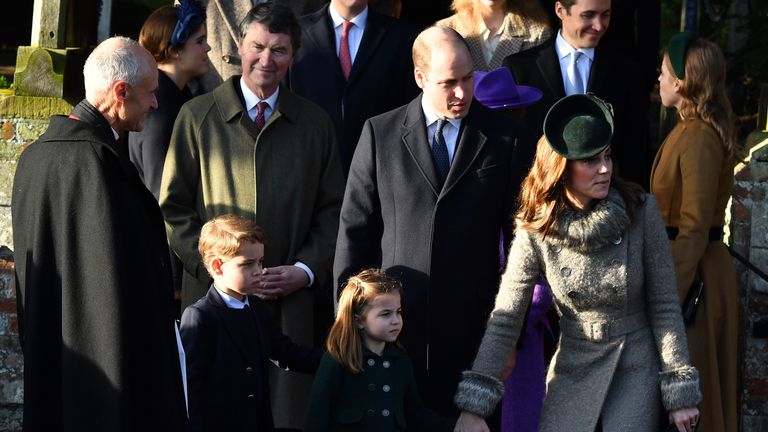 (L-R) Britain's Prince George of Cambridge, Britain's Princess Charlotte of Cambridge, Britain's Prince William, Duke of Cambridge and Britain's Catherine, Duchess of Cambridge leave after the Royal Family's traditional Christmas Day service at St Mary Magdalene Church in Sandringham, Norfolk, eastern England, on December 25, 2019. (Photo by Ben STANSALL / AFP) (Photo by BEN STANSALL/AFP via Getty Images)