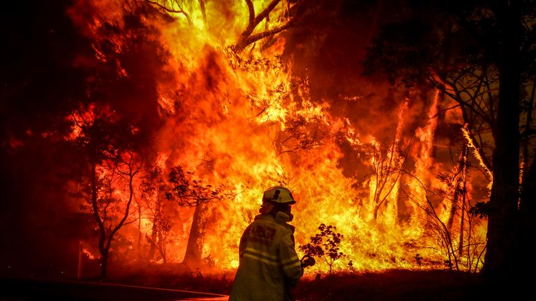 SYDNEY, AUSTRALIA - DECEMBER 19: Fire and Rescue personal prepare to use a hose in an effort to extinguish a bushfire as it burns near homes on the outskirts of the town of Bilpin on December 19, 2019 in Sydney, Australia.   (Photo by David Gray/Getty Images)