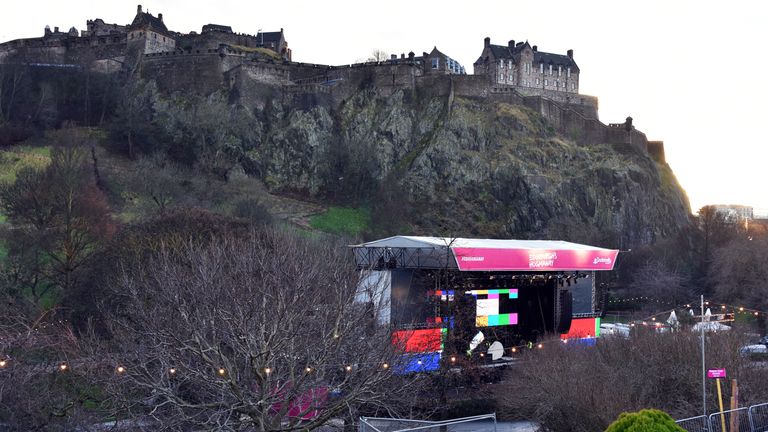EDINBURGH, SCOTLAND - DECEMBER 30: Edinburgh's Hogmanay main stage in Princes Street Gardens beneath Edinburgh Castle, the day before a Hogmanay street party which is expected to attract 70,000 revellers, on December 30, 2019 in Edinburgh, Scotland. "Hogmanay" is the Scottish word for New Year's Eve. (Photo by Ken Jack/Getty Images)