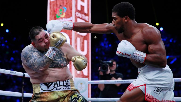 Boxing - Andy Ruiz Jr v Anthony Joshua - IBF, WBA, WBO & IBO World Heavyweight Titles - Diriyah Arena, Diriyah, Saudi Arabia - December 7, 2019. Andy Ruiz Jr in action with Anthony Joshua. Action Images via Reuters/Andrew Couldridge