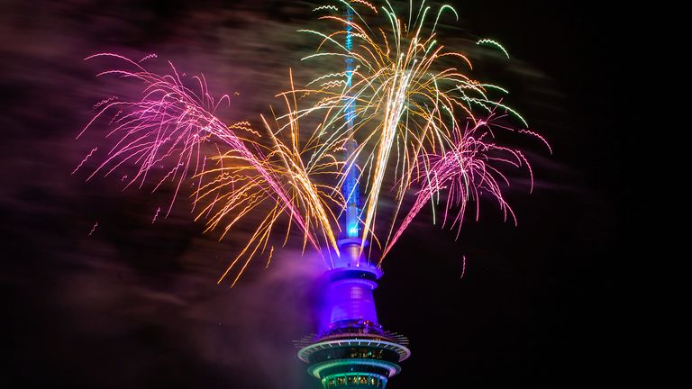 Fireworks from the Sky Tower during Auckland New Year&#39;s Eve celebrations
