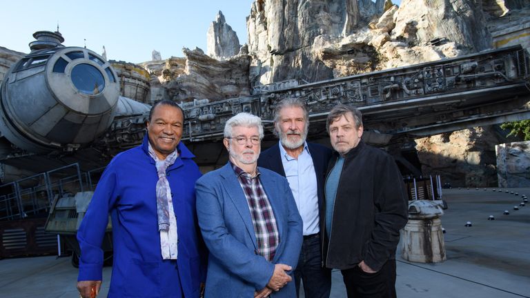 (L-R) Billy Dee Williams, George Lucas,  Harrison Ford and Mark Hamill