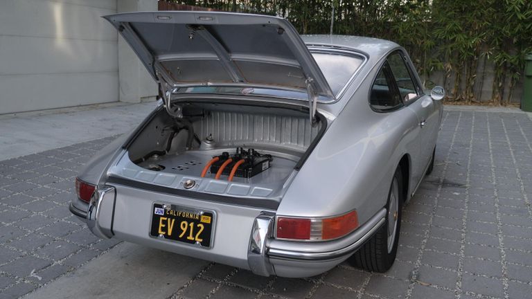 A Porsche 912 with a newly fitted electric motor designed to eliminate emissions