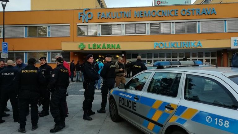 Police outside the hospital in Ostrava