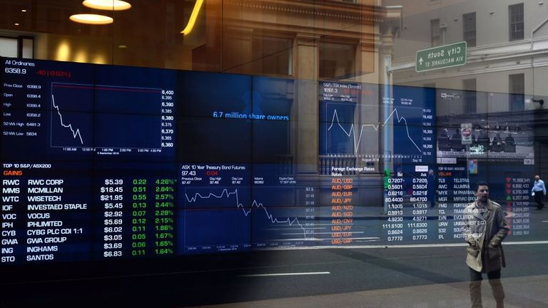 TOPSHOT - A pedestrian, reflected in a window of the Australian Securities Exchange (ASX), looks at a screen showing financial data in Sydney on September 5, 2018. - Australia&#39;s buoyant economy posted strong growth in the second quarter of the year on the back of increasing exports, consumer and government spending, official data showed on September 5. (Photo by Saeed KHAN / AFP) (Photo credit should read SAEED KHAN/AFP via Getty Images)
