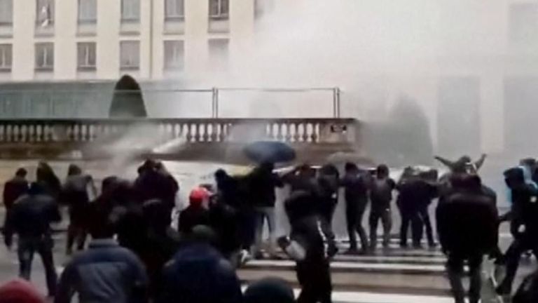  French police fired tear gas at protesters in Nantes, during a mass general strike against president Macron&#39;s pension reform plan