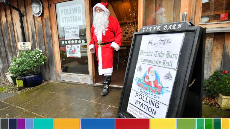 A man dressed as Father Christmas walks from his grotto in Somerset, which is being used as a polling station