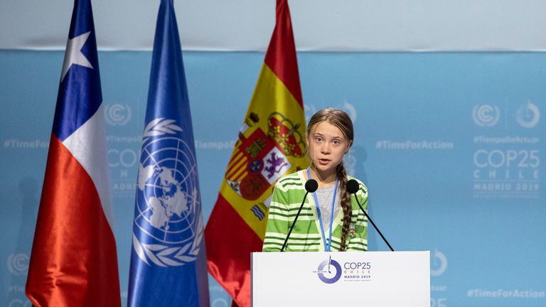 Greta Thunberg gives a speech at the plenary session during the COP25 climate conference