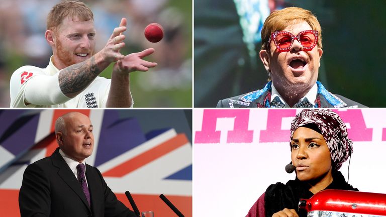 On the list: (clockwise from top right): Ben Stokes, Elton John, Nadiya Hussain, Iain Duncan Smith