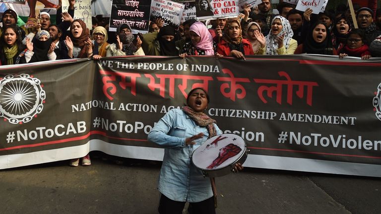 Protesters chant slogans at a demonstration against India&#39;s new citizenship law in New Delhi
