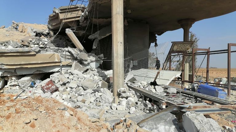 The now-destroyed headquarters of the Kataib Hezbollah militia in western Iraq