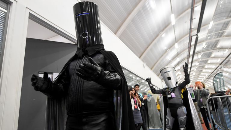 Lord Buckethead of the Monster Raving Loony Party, and Count Binface, an Independent candidate, at the count for the seat of Uxbridge and South Ruislip at Brunel University