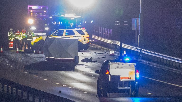 Bedfordshire, United Kingdom. 25 December 2019. The M1 motorway between junction 11a and junction 12 northbound in Bedfordshire was closed for hours after a serious road traffic collision, a number of vehicles could be seen on the carriageway with debris strewn across the northbound and southbound lanes. Credit: Peter Manning