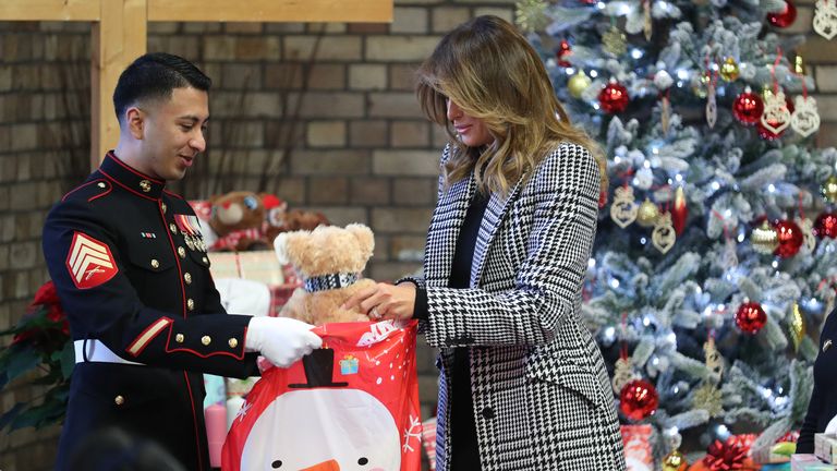 The first lady helped to pack gift bags