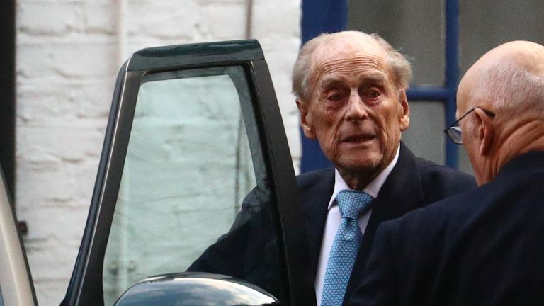 Britain&#39;s Prince Philip leaves the King Edward VII&#39;s Hospital in London