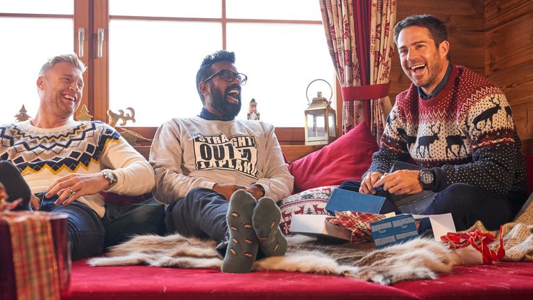 A League Of Their Own Christmas Special: James Corden is sending Jamie Redknapp, Freddie Flintoff and Romesh Ranganathan off to spend Christmas in Austria. Pic: Sky UK Ltd