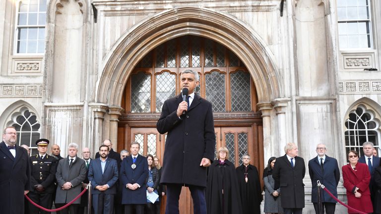 London Mayor Sadiq Khan speaks at vigil for victims of a fatal attack on London Bridge in London
