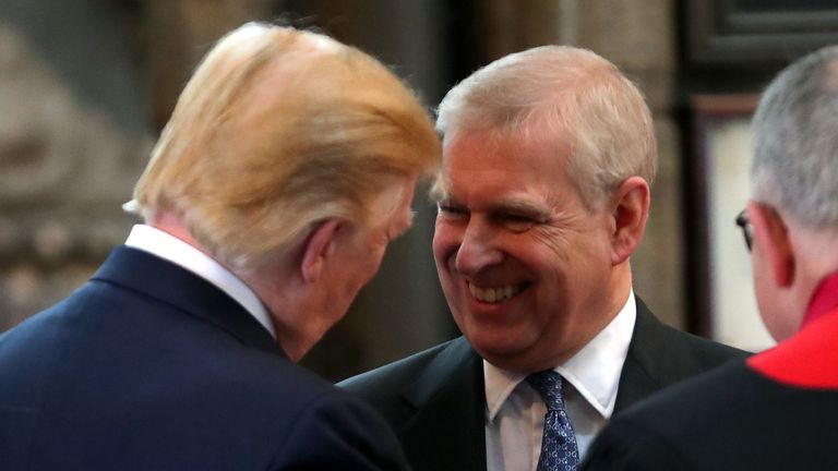 LONDON, ENGLAND - JUNE 03: Prince Andrew, Duke of York smiles and shakes hands with US President Donald Trump during the visit to Westminster Abbey on June 03, 2019 in London, England. President Trump&#39;s three-day state visit will include lunch with the Queen, and a State Banquet at Buckingham Palace, as well as business meetings with the Prime Minister and the Duke of York, before travelling to Portsmouth to mark the 75th anniversary of the D-Day landings. (Photo by Chris Jackson/Getty Images)