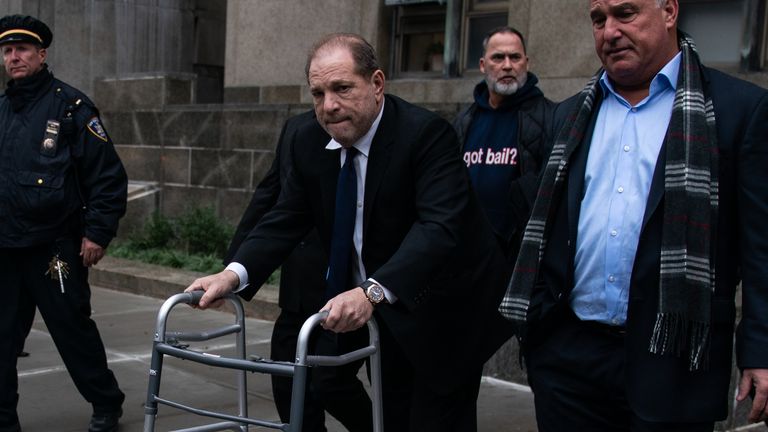 Harvey Weinstein leaves a bail hearing on Thursday