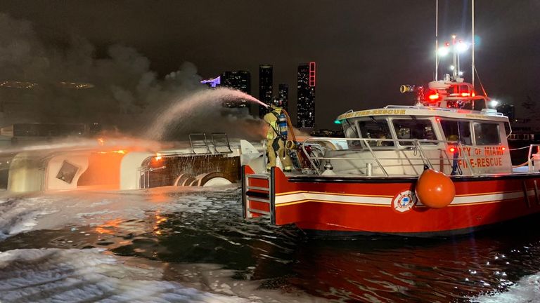 The crew used fireboats to douse the blaze. Pic. Twitter/@CityofMiamiFire