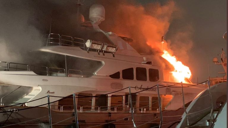The yacht, which had a Jacuzzi on board, was said to be worth around £5.4m. Pic. Twitter/@CityofMiamiFire