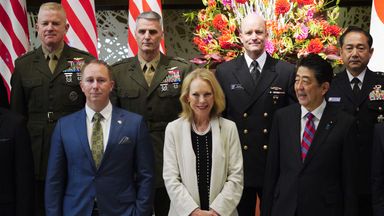 The great grandson Merrill Eisenhower Atwater (bottom L) and granddaughter Mary Jean Eisenhower (bottom C) of former US President Dwight Eisenhower, and Japan's Prime Minister Shinzo Abe pose for a group photo as part of the 60th anniversary commemorative reception of the signing of the Japan-US security treaty at Iikura Guesthouse in Tokyo on January 19, 2020. (Photo by Eugene Hoshiko / POOL / AFP) (Photo by EUGENE HOSHIKO/POOL/AFP via Getty Images)