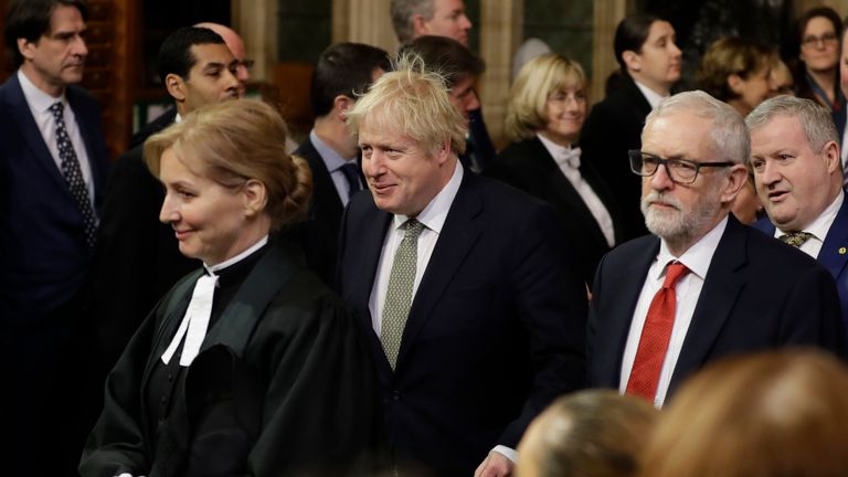 LONDON, ENGLAND - DECEMBER 19:  Prime Minister, Boris Johnson and Leader of the Labour Party, Jeremy Corbyn arrive for the state opening of parliament at the Houses of Parliament on December 19, 2019 in London, England. In the second Queen's speech in two months, Queen Elizabeth II will unveil the majority Conservative government's legislative programme to Members of Parliament and Peers in The House of Lords.  (Photo by Kirsty Wigglesworth - WPA Pool/Getty Images)